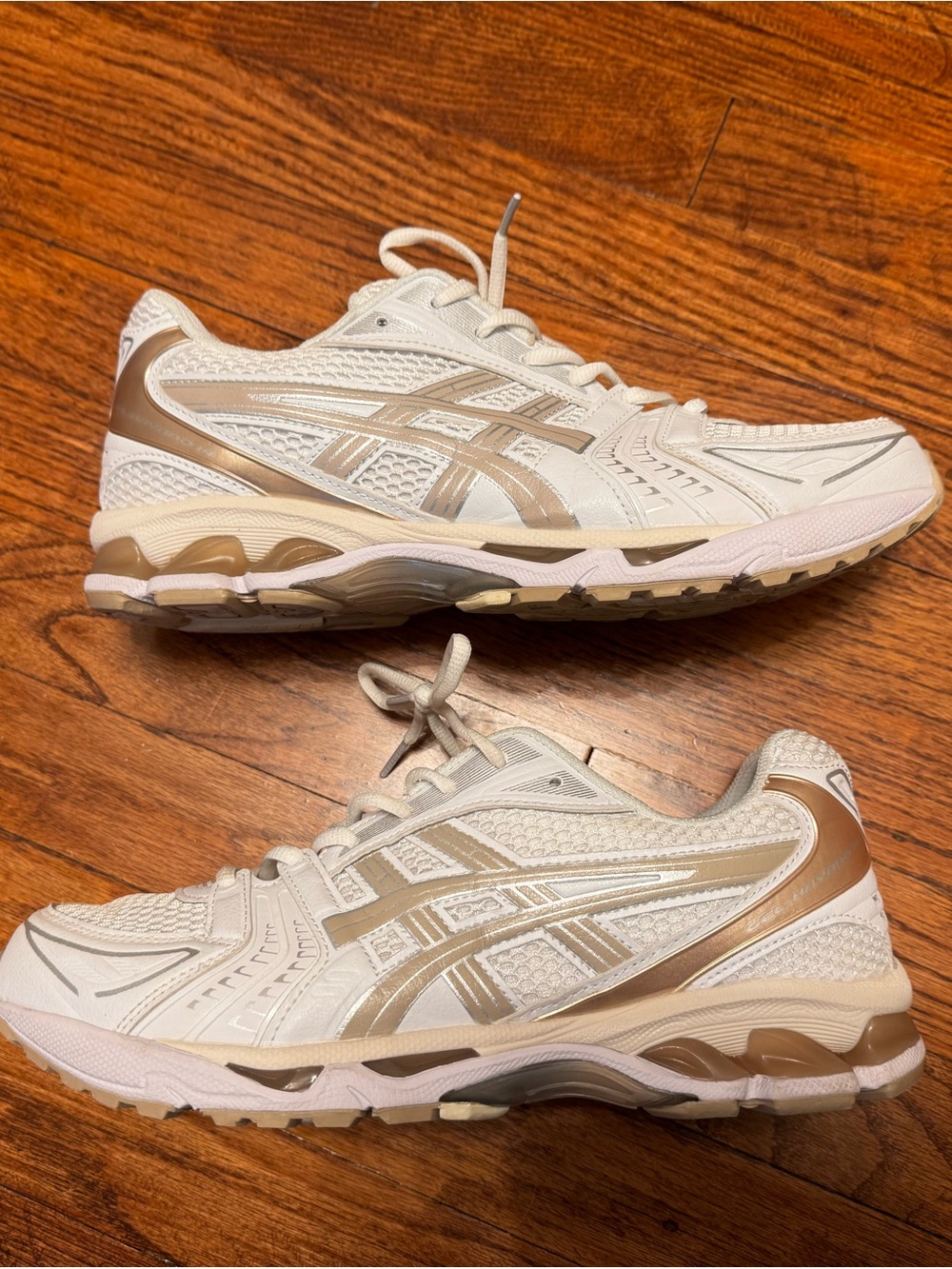 ASICS Kayano 14 cream and simply taupe women’s 12
